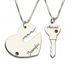 Set Engraved Birthstone Heart and Key Initials Necklace