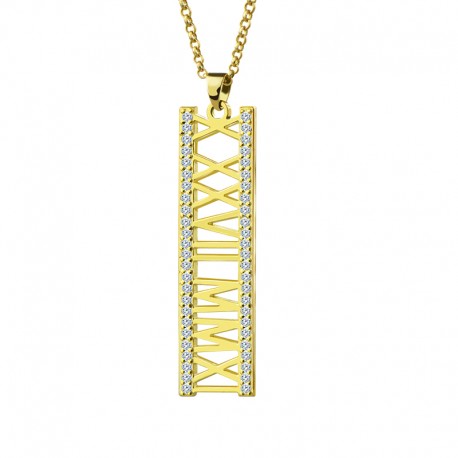 Vertical Cut Out Roman Numeral with Birthstones Necklace